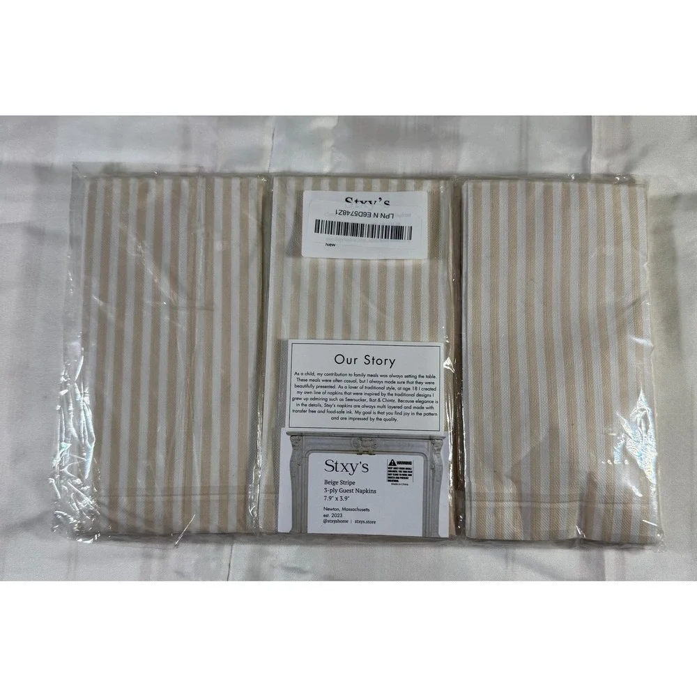 Stxy's Beige Stripe 3-Ply Guest Napkins Set New in Pack 7.9 x 3.9